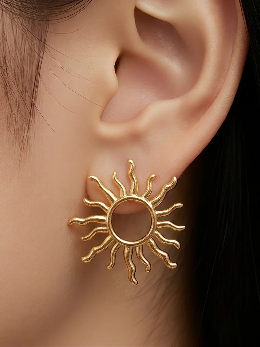 Gold Sunburst Stud Earrings Stainless Steel Radiant Sun Statement 28mm Goddess